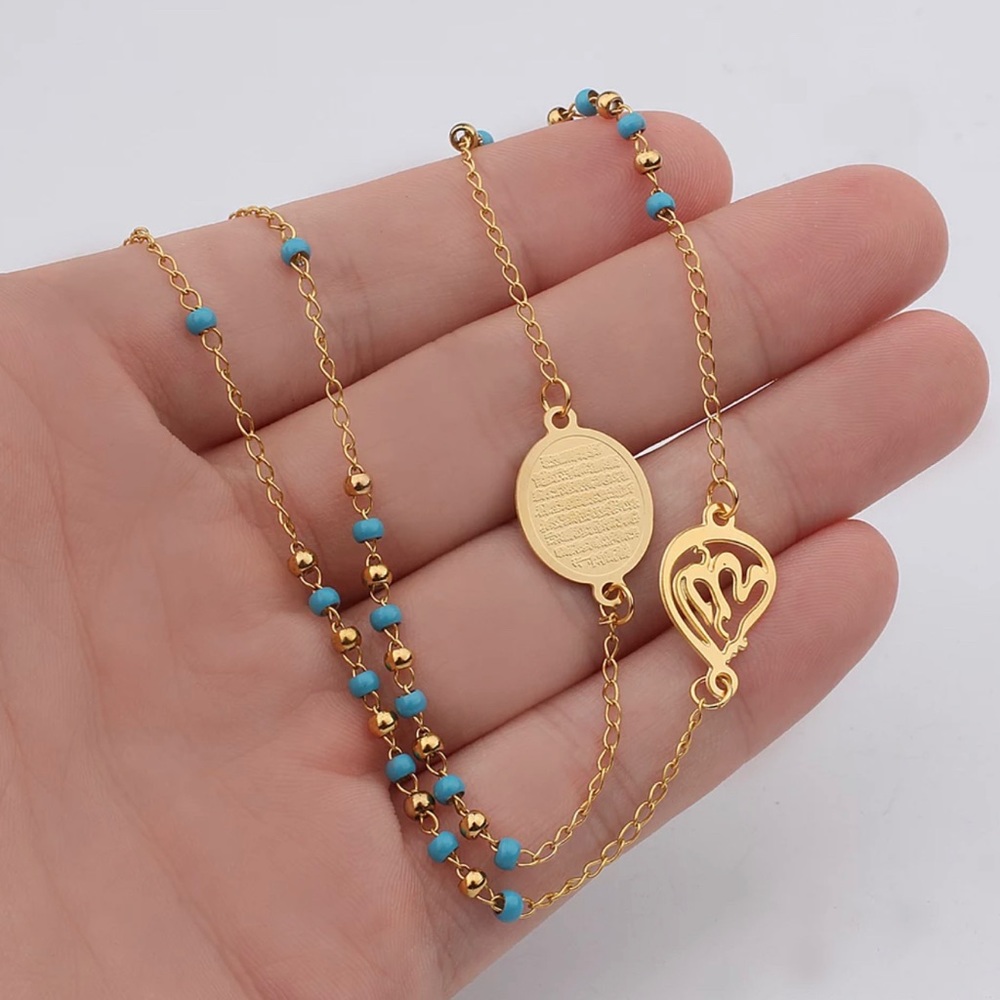 Muslim Arabic Printed Pendant Necklace Stainless Steel Mixed Color Rosary Beads